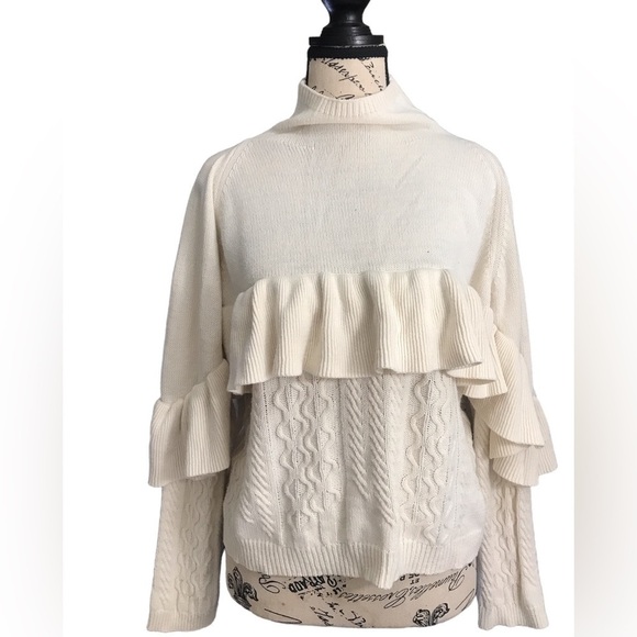 3x $50 Project Naadam white knit ruffle cable knit sweater M winter comfy - Picture 2 of 5